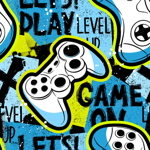 Seamless abstract pattern with colourful joystick game. Background for boys on bright color.
