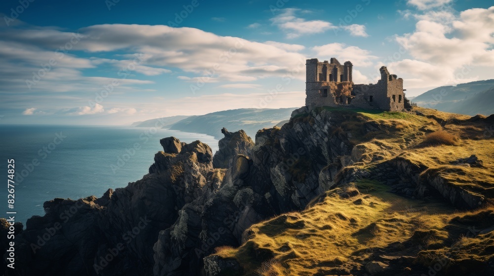 Ancient Ruins Of A Stone Castle Perched On A Cliff Overlooking The Sea. Generative AI
