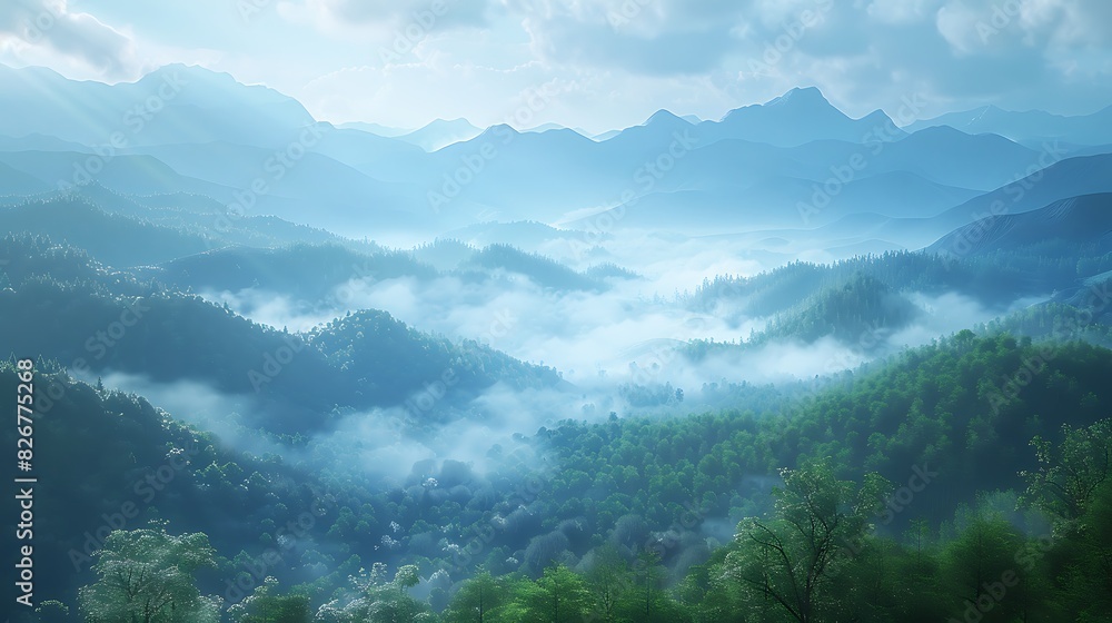 Landscape view of a misty mountain range at dawn