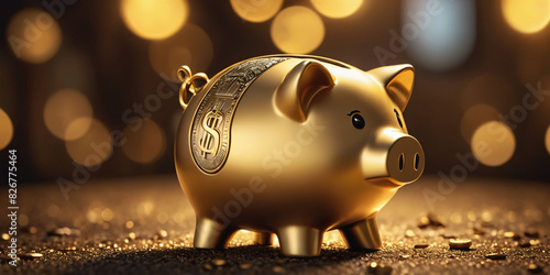 A golden piggy bank on a dark surface with a blurred background, reflecting light, symbolizing wealth and savings. A coin lies beside it, suggesting investment or accumulation.