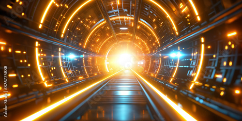 Tunnel als futuristischer Hintergrund in bunten leuchtenden Neon Farben mit Chrom für Webdesign und Druckvorlage