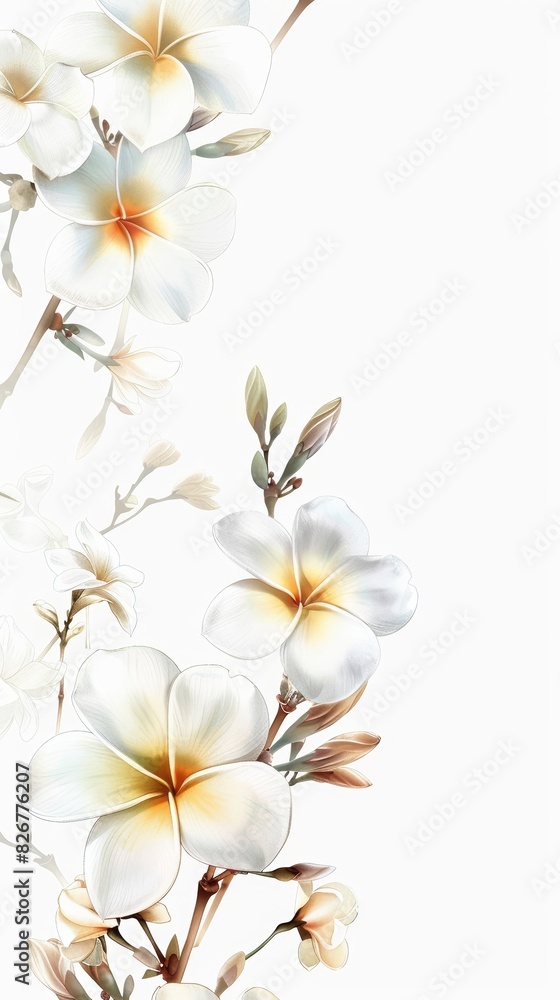 Floral design with white frangipani flowers. Ready to use card, template for wedding invitation, greeting, birthday etc. Blank space for text. Floral design with white frangipani flowers. Ready to use card, template for wedding invitation, greeting, birthday etc. Blank space for text.
