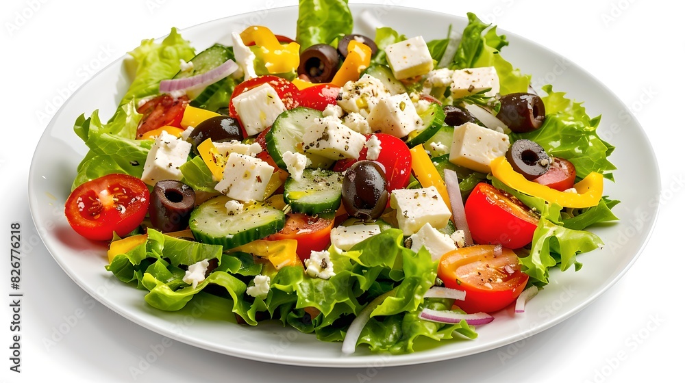Fresh Greek salad with feta cheese. Healthy colorful dish on white plate. Mediterranean cuisine with veggies. Perfect for diet and wellness enthusiasts. AI Fresh Greek salad with feta cheese. Healthy colorful dish on white plate. Mediterranean cuisine with veggies. Perfect for diet and wellness enthusiasts. AI