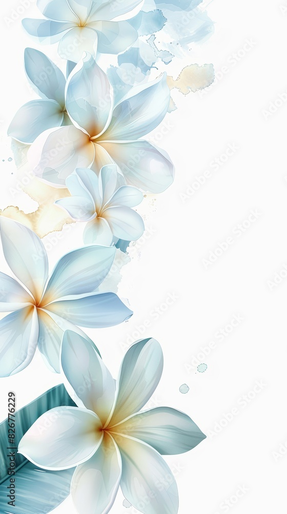 Watercolor design with frangipani flowers and leaves. Ready to use card, template for wedding invitation, greeting, birthday etc. White background, blank space for text.	