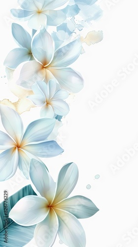 Watercolor design with frangipani flowers and leaves. Ready to use card  template for wedding invitation  greeting  birthday etc. White background  blank space for text. 