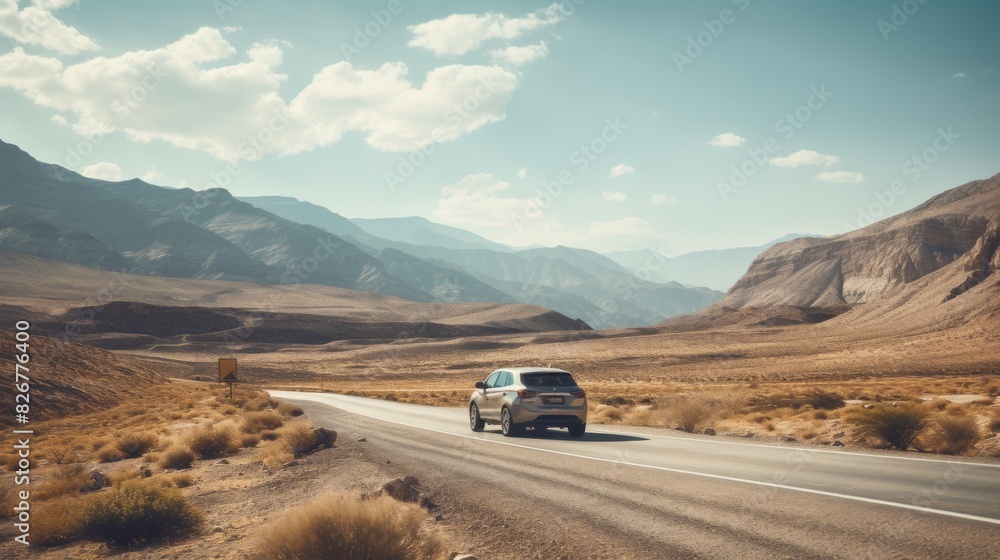 Fototapeta premium Lone Car Traveling Through Desert Landscape On A Sunny Day. Generative AI