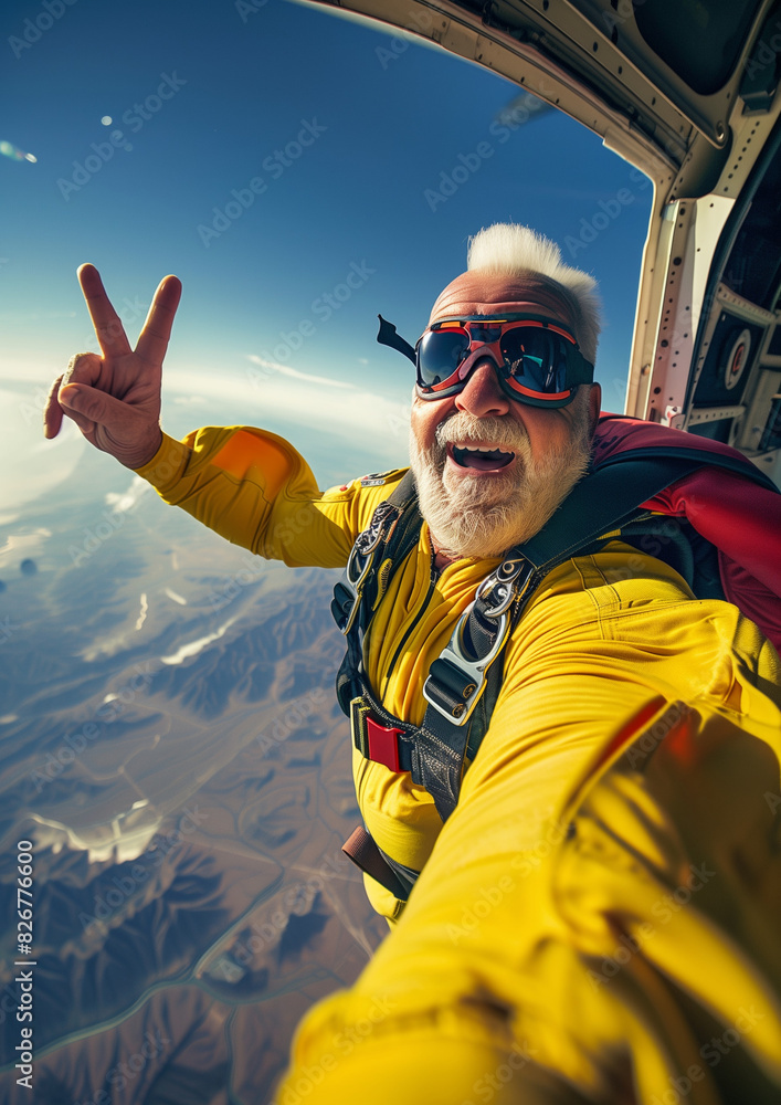 old man skydiving with guide, back view, adrenaline and adventure, parachute open in the sky, feeling of freedom, safety gear, tandem free fall, aerial view of the landscape below, old man skydiving with guide, back view, adrenaline and adventure, parachute open in the sky, feeling of freedom, safety gear, tandem free fall, aerial view of the landscape below,
