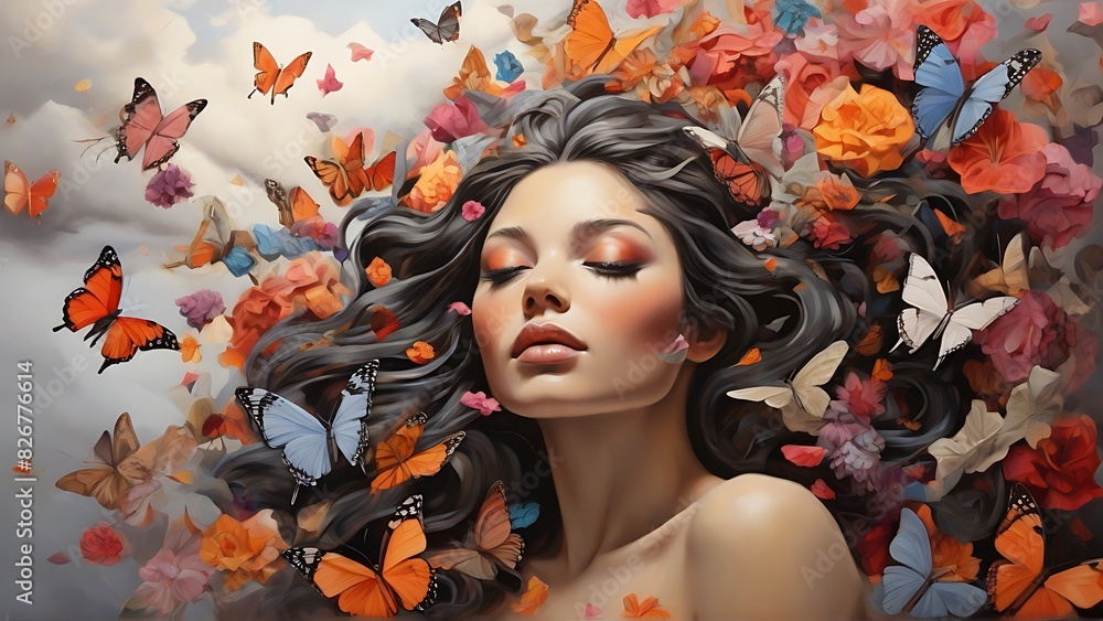 Woman Surrounded by a Swarm of Colorful Butterflies