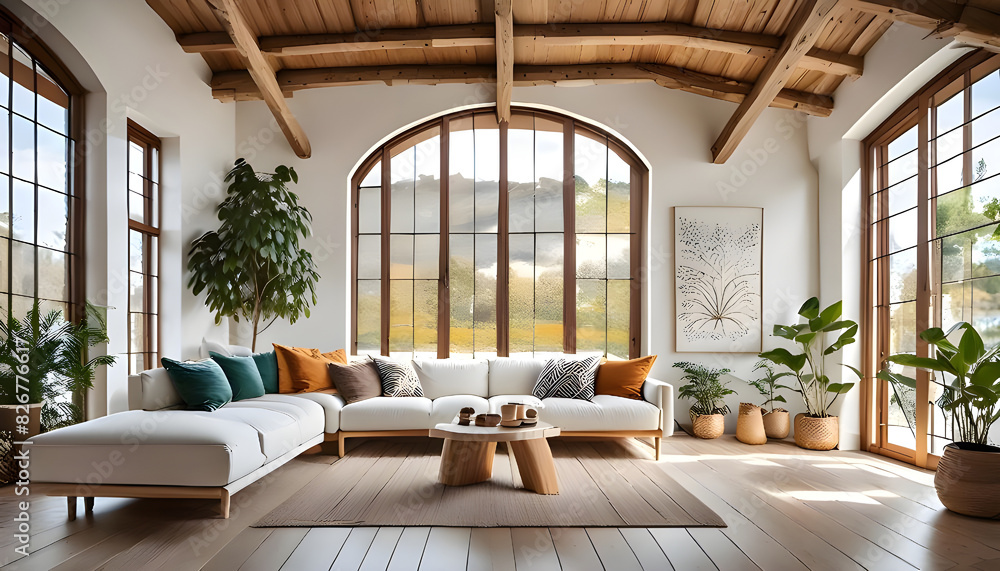 Fototapeta premium White corner sofa in room with big panoramic windows and ceiling with beams. Farmhouse country boho interior design of modern living room, home.