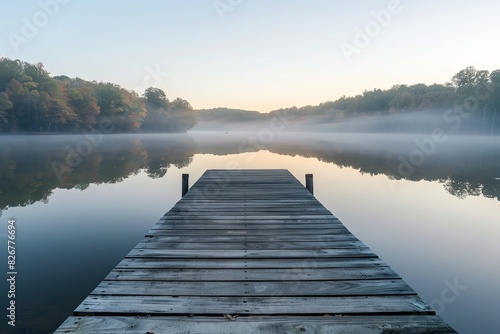 A quiet lakefront pier at first light. 