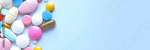 blue background with medicine pills and capsules