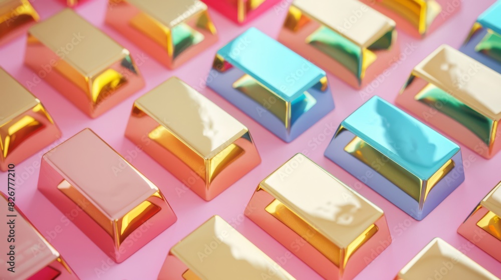 A row of gold bars are arranged in a pattern on a pink background A row of gold bars are arranged in a pattern on a pink background