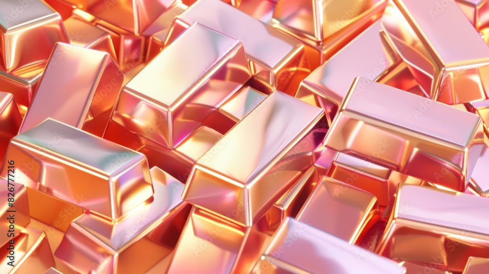 A row of gold bars are arranged in a pattern on a pink background A row of gold bars are arranged in a pattern on a pink background