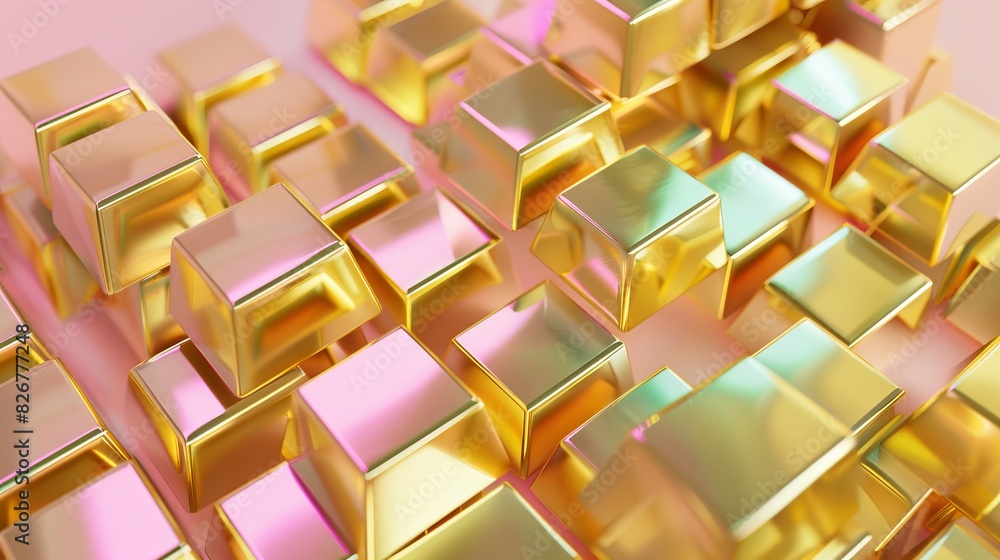 A close up of gold cubes with a pink background A close up of gold cubes with a pink background