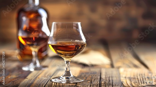 A close-up shot of a glass with whiskey on a rustic wooden table. The background is blurred, adding a touch of warmth to the scene. Perfect for bar or alcohol themed ads. AI