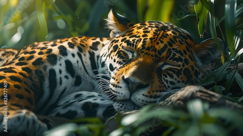 Landscape view of a jaguar resting in the underbrush