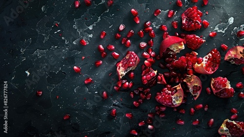 Pomegranate pieces and seeds on a textured black surface High quality image