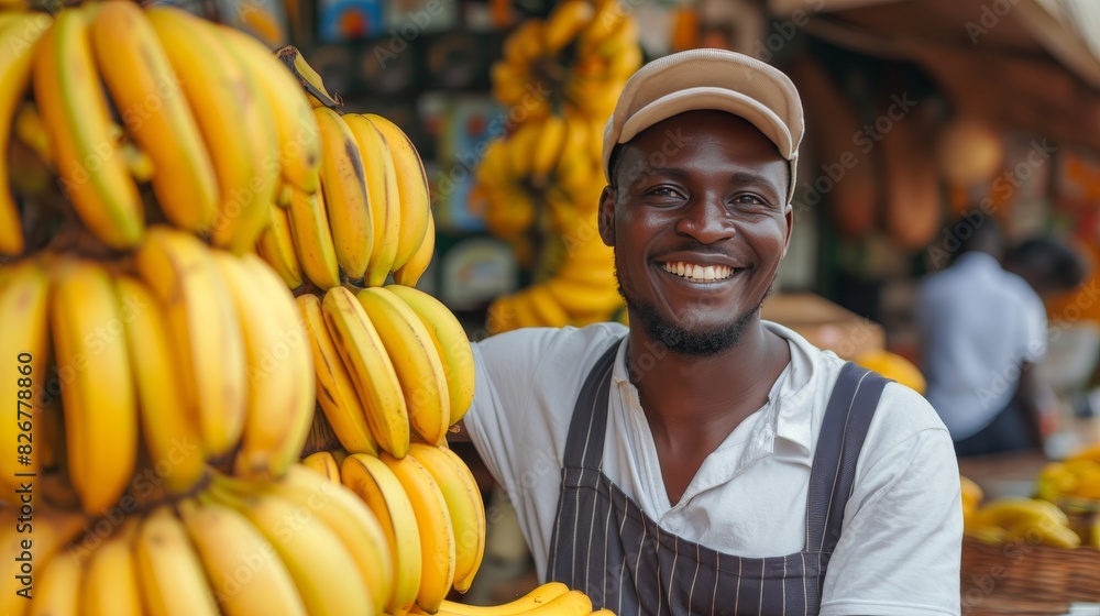 Portrait of a happy African man with a big smile, selling ripe bananas at a vibrant market scene, emotions concept, banner Portrait of a happy African man with a big smile, selling ripe bananas at a vibrant market scene, emotions concept, banner