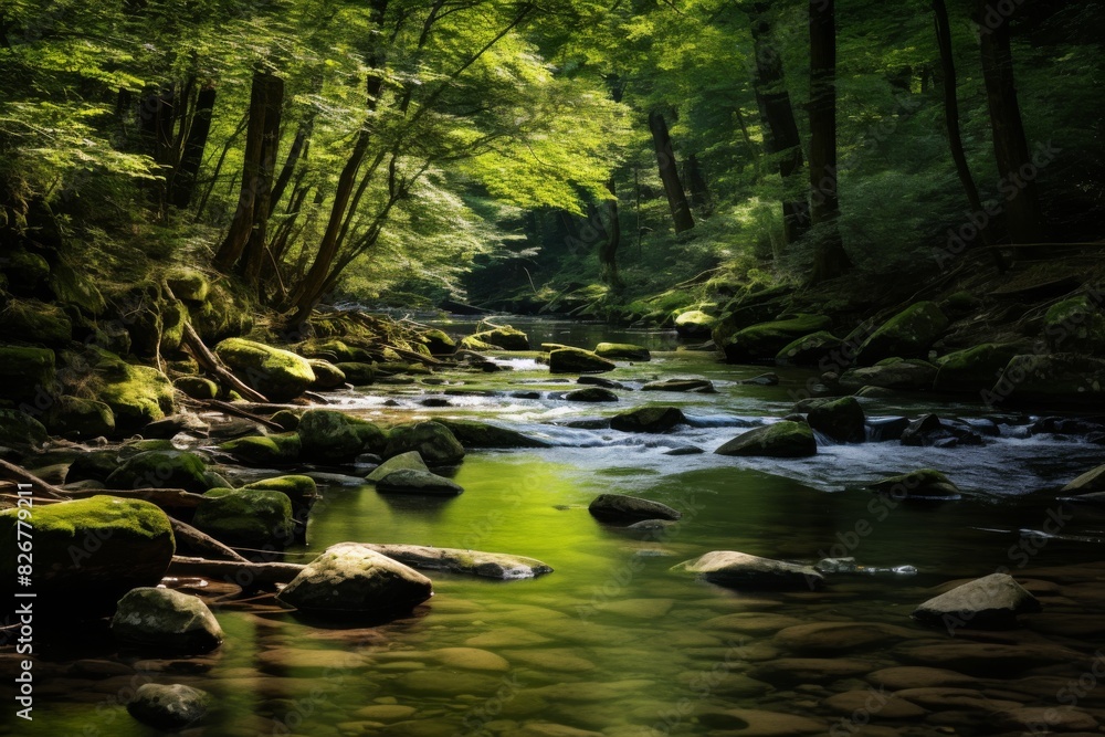 Peaceful Woodland Stream Bathed In Sunlight With Moss-Covered Stones. Generative AI Peaceful Woodland Stream Bathed In Sunlight With Moss-Covered Stones. Generative AI