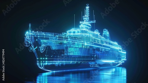 3D rendering illustration ship blueprint glowing neon hologram futuristic show technology security for premium product business finance transportation