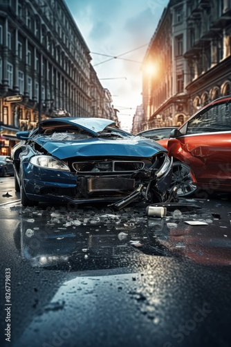 Crashed cars on city  Generative AI © Valentine