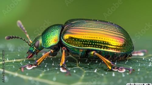 Chafer, green golden bronze beetle on the leaf close up, insects pests concept, banner photo