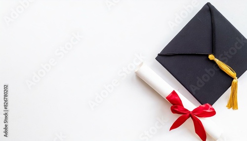 Graduation Class of 2024 Banner with graduate hat and diploma; white background top view copy space