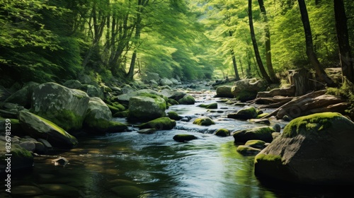 Serene Forest Creek Flowing Through A Lush Green Landscape. Generative AI