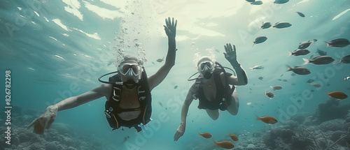 Wallpaper Mural cinematic Older couple diving in the parrachos, among the fish, and waving at the camera Torontodigital.ca