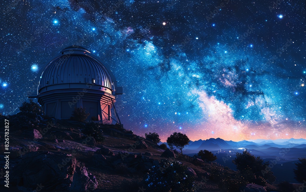 An astronomical observatory with a large dome and a starry night sky in the background. An astronomical observatory with a large dome and a starry night sky in the background.
