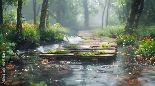 Landscape view of a forest stream with a wooden footbridge photo