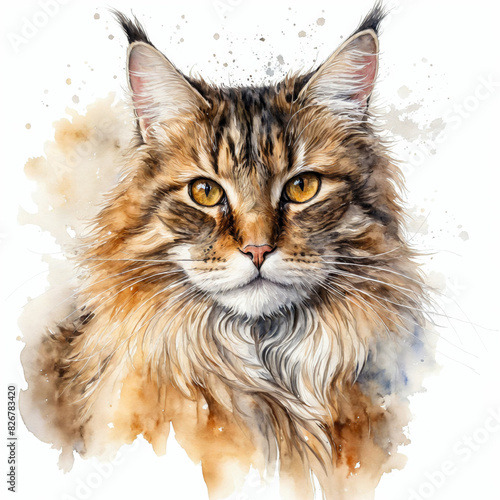 Charming cute fluffy Maine Coon cat on a white background. Beautiful watercolor illustration. Portrait of pet animal, suitable for posters, books or clothing design. photo