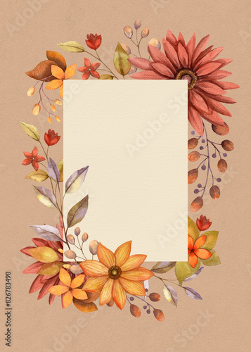 Rectangular frame with fall watercolor flowers. Vertical background of hand painted autumn floral illustration with branches and botanical elements. Textured craft paper for card and invitations.