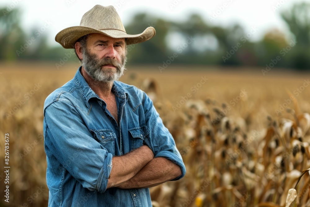 Portrait of a rugged, bearded farmer with arms crossed in a mature cornfield