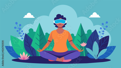 In a serene and peaceful virtual garden a person with chronic pain sits in a meditative pose using a VR guided meditation program to ease pain and. Vector illustration