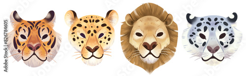 Ilustración de caras de grandes felinos tigre, leopardo, león y leopardo de las nieves