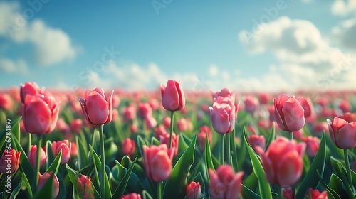 Landscape view of a field of tulips under a bright blue sky