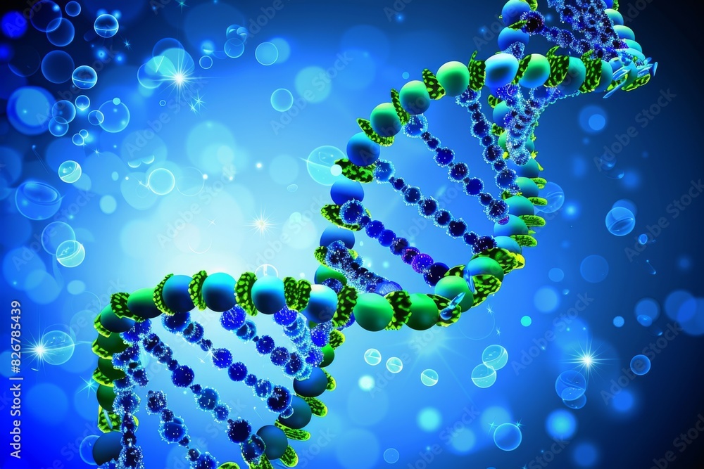 Dual DNA helices in neon blue and green set against a particle laden backdrop suggest the interplay of multiple genetic traits Dual DNA helices in neon blue and green set against a particle laden backdrop suggest the interplay of multiple genetic traits