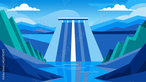The serene blue waters of the dams reservoir provide a stark contrast to the towering structure that creates it.. Vector illustration