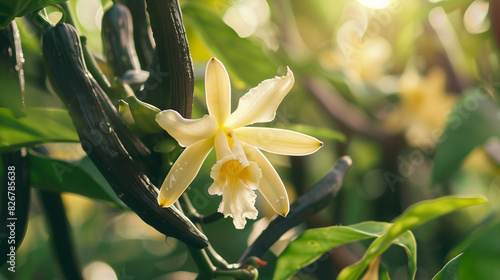 vanilla beans and flowers on vanilla plant on tree	