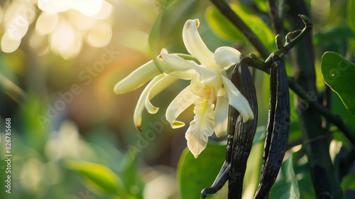 vanilla beans and flowers on vanilla plant on tree	 photo
