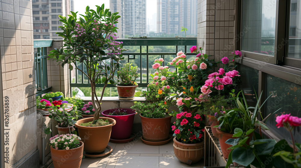 potted tree, pot of roses and other flowers on the balcony in an apartment potted tree, pot of roses and other flowers on the balcony in an apartment