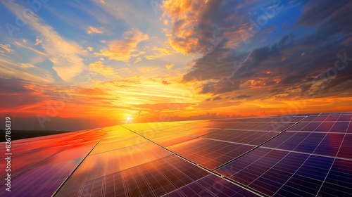 solar panelt on a solar energy farm in the sunrise or sunset