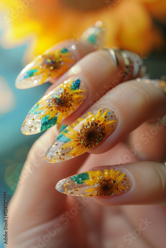 sunflower on transparent crystal nails manicure © Erzsbet