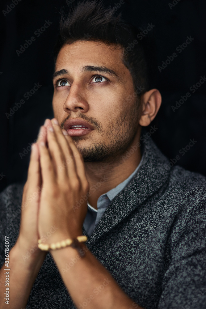 Hands, sorry or man in studio praying for hope, help or guidance to worship God on black background. Fear, rosary or scared Christian guy asking for safety in prayer to Jesus for spiritual support Hands, sorry or man in studio praying for hope, help or guidance to worship God on black background. Fear, rosary or scared Christian guy asking for safety in prayer to Jesus for spiritual support