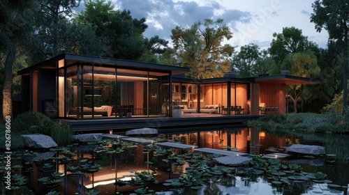 3d rendering of modern house by the river at evening © sania