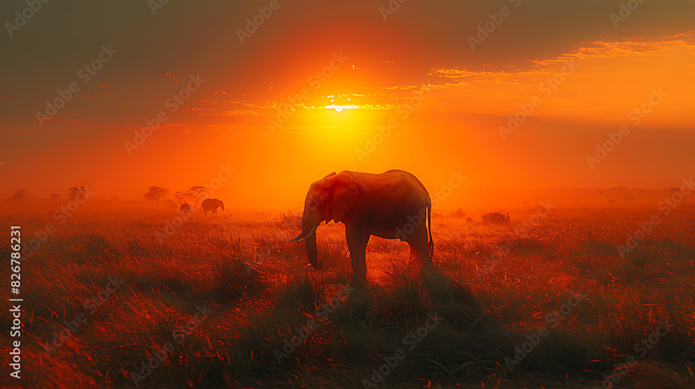Naklejka premium Sunset Savanna Elephants: Endangered Beauty