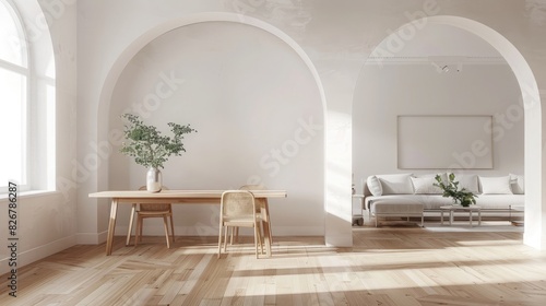 3d rendering of an archshaped portal in white color with interior design and furniture inside, minimalism,  photo