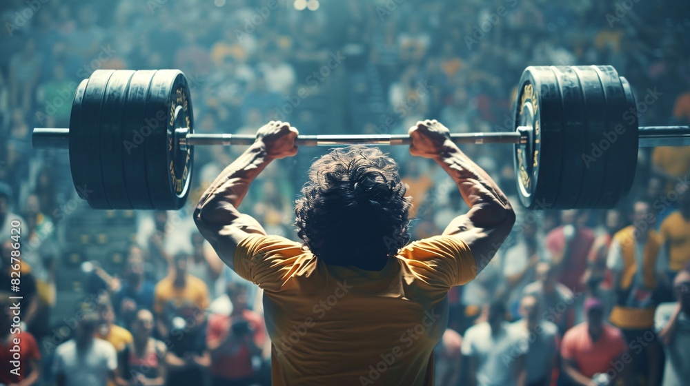 A powerful and intense moment in a weightlifting competition capturing the strength focus and technique of the lifter as they hoist a heavy barbell with a supportive crowd and determined atmospher Sto...