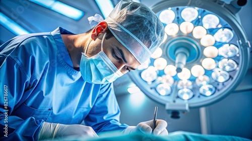 surgeon in the operating room performing eye microsurgery under bright lamp lighting, in a blue uniform, cuts with a scalpel